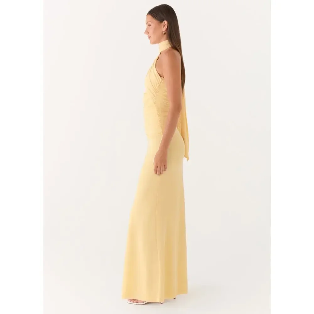 Pepper Mayo Yellow Songbird Maxi Dress Ruched Detail Summer Preppy Formal Prom - Picture 2 of 13